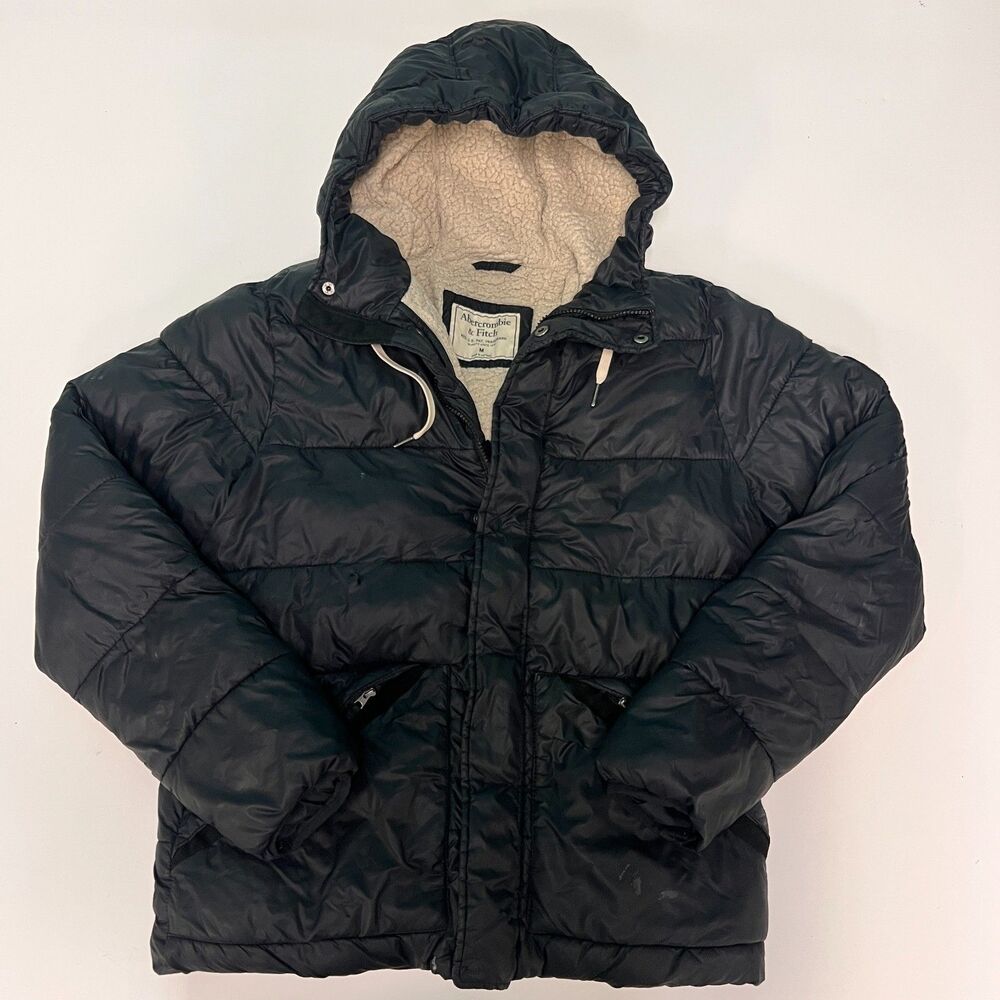 Vintage Abercrombie & Fitch Mens M Black Sherpa Lined Hooded Puffer Jacket Nylon